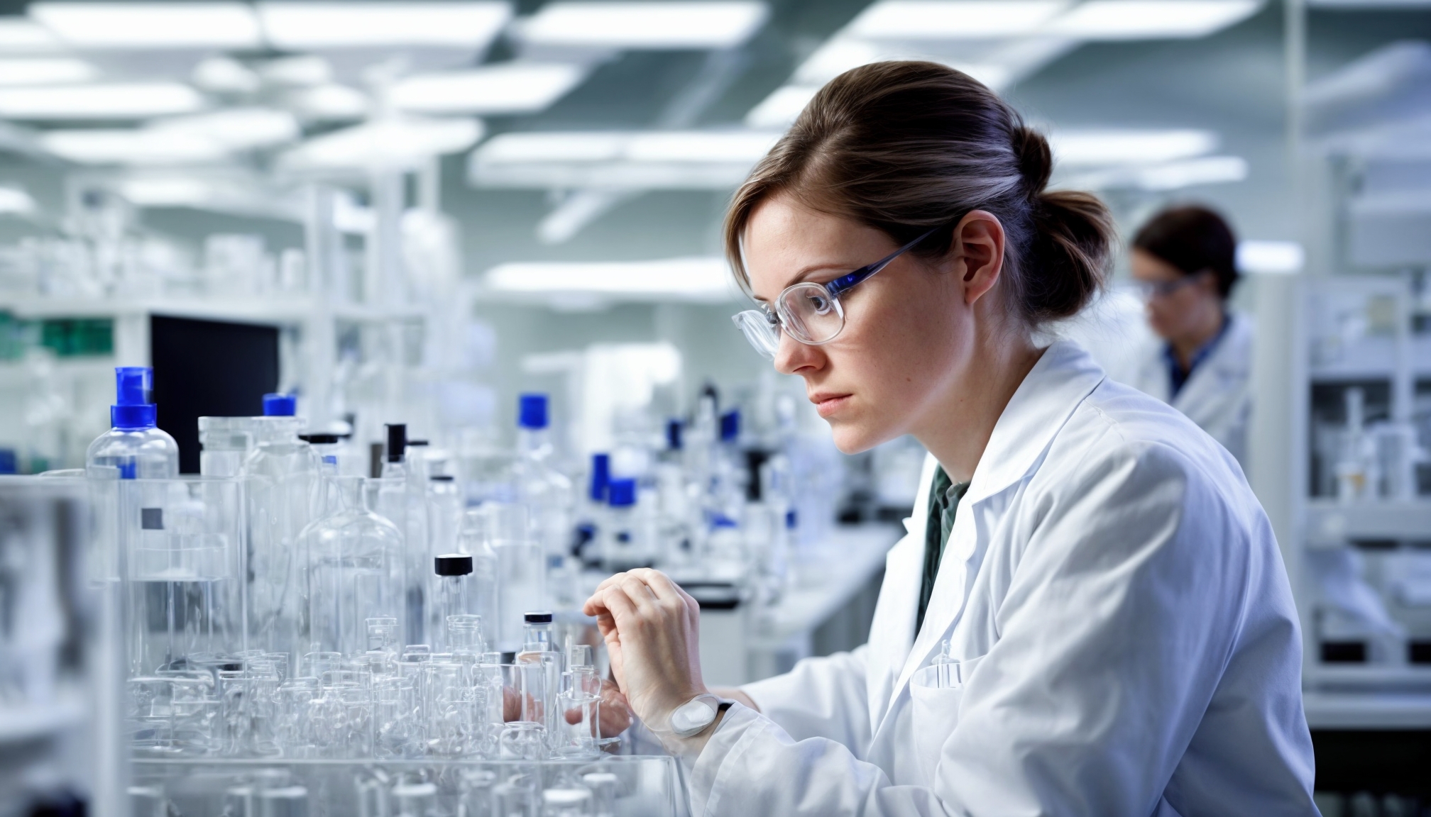 Peneliti farmasi perempuan sedang menganalisis data riset obat di laboratorium modern