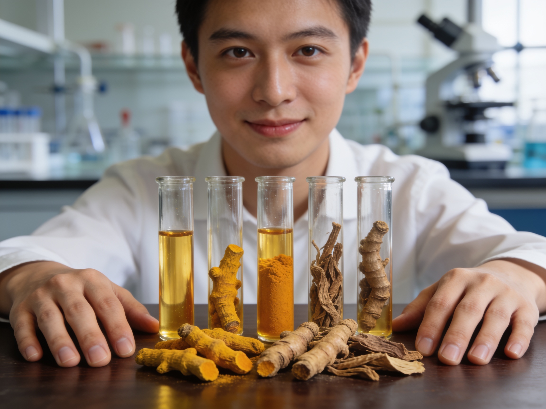 Vial kaca berisi ekstrak herbal kunyit emas dan akar tanaman kering di atas meja laboratorium