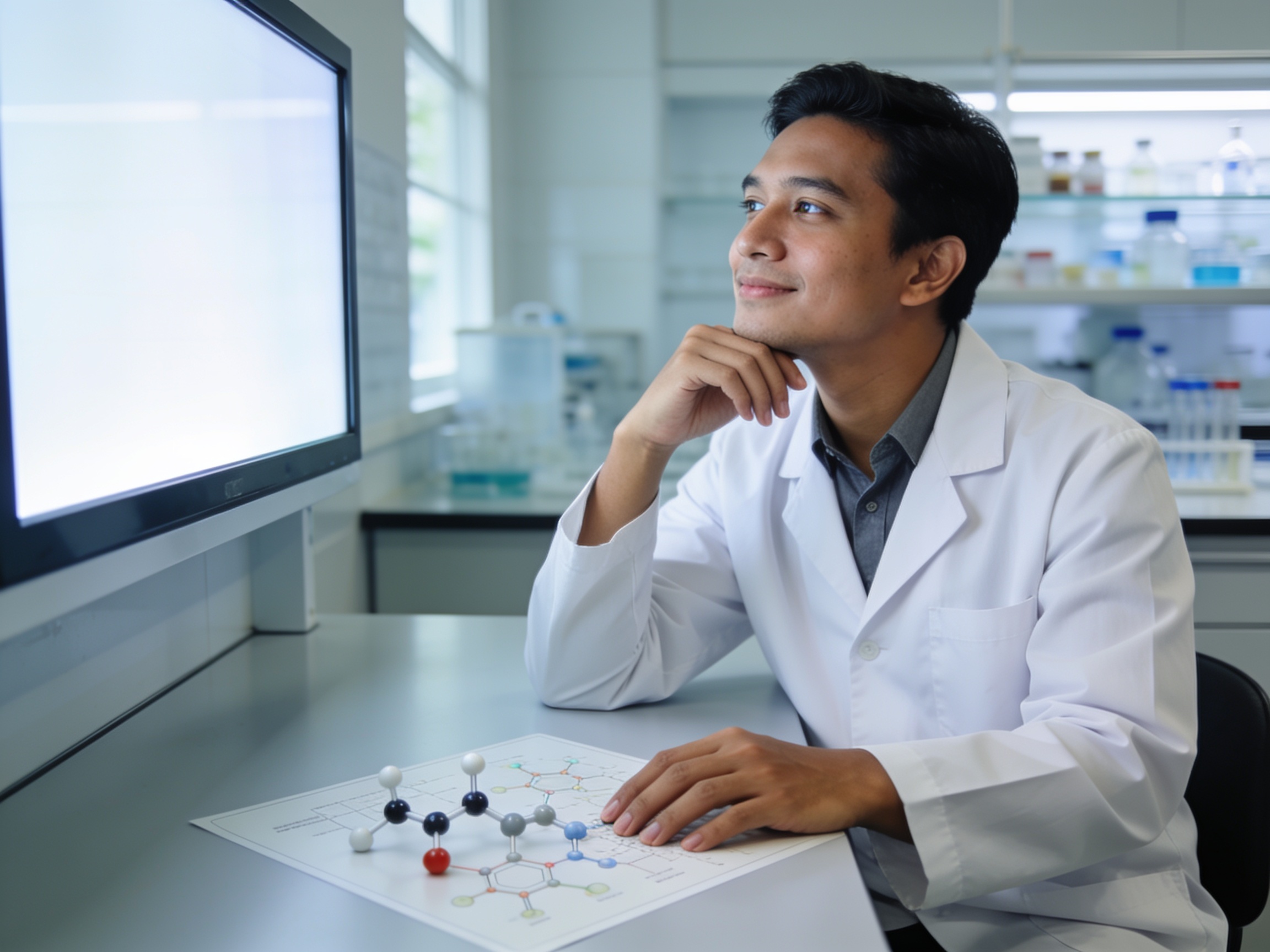 Apoteker Indonesia memeriksa struktur molekul inovasi obat terkini Indonesia di laboratorium modern Jakarta.